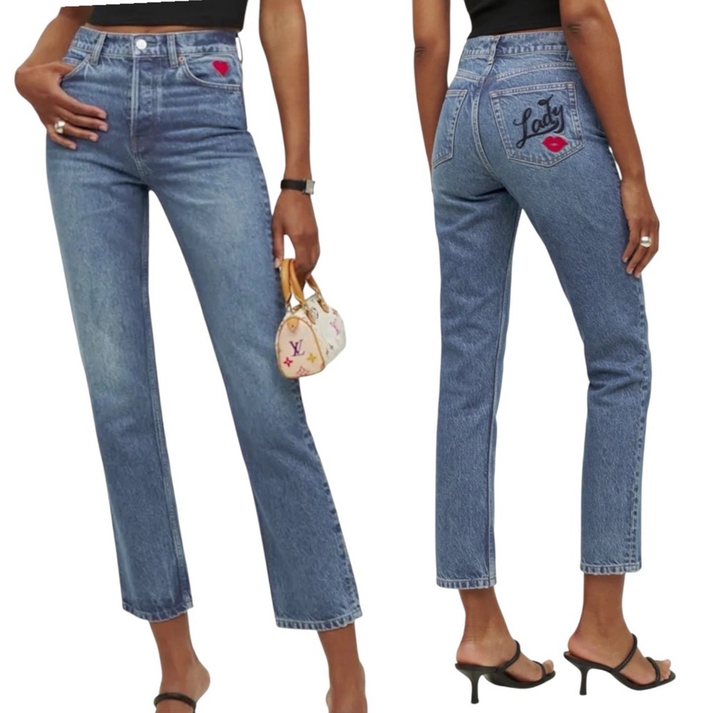 Reformation Lady Embroidered Cynthia High Rise Straight Jeans